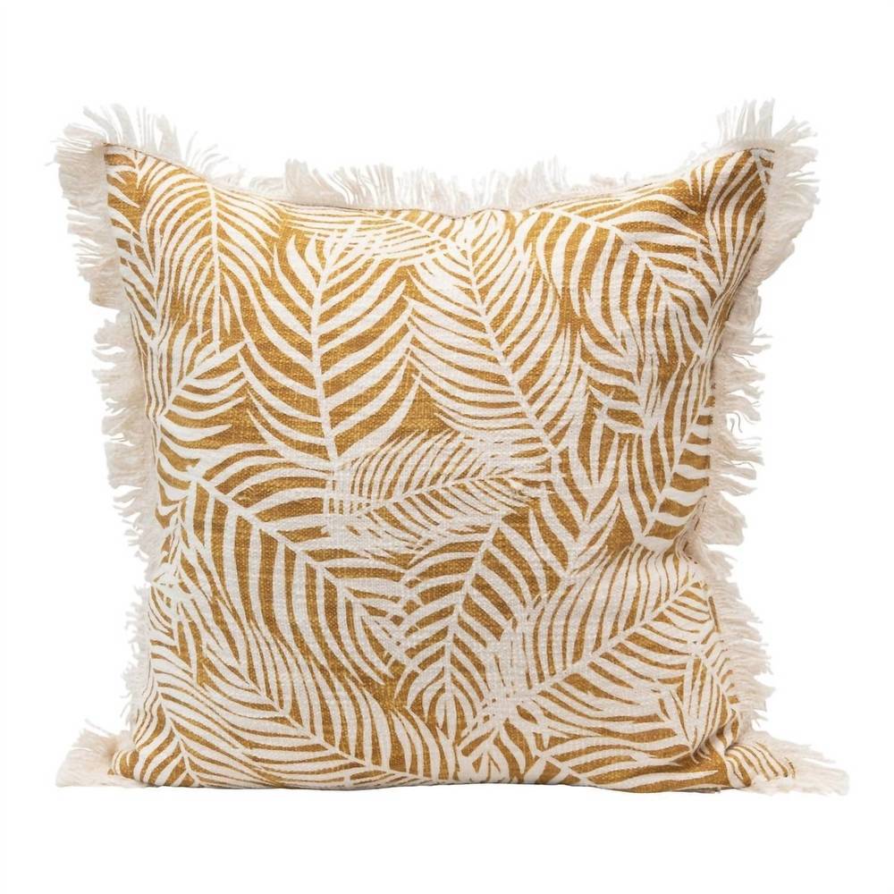 NEW CREATIVE CO-OP square cotton pillow with palm frond pattern in mustard/natur